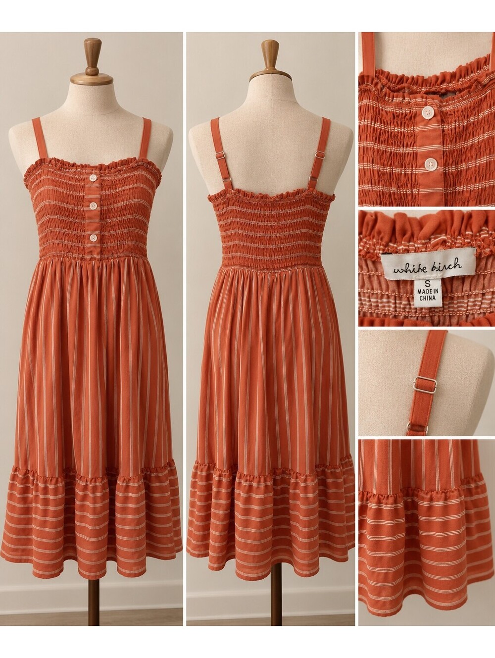 White Birch Women's S Rust Orange Striped Smocked Midi Sundress Ruffle Hem NWOT